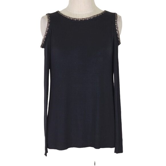 Bailey 44 Cold Shoulder Top Size S Chain Detailing Neck Shoulder Long Sleeve - Picture 2 of 10